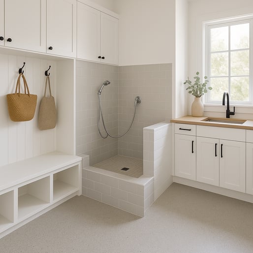 AI rendered image of a dog wash and mudroom in a luxury home with white cabinets and a quartz floor coating