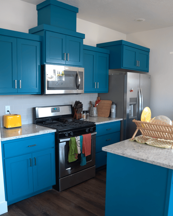 blue painted kitchen cabinets